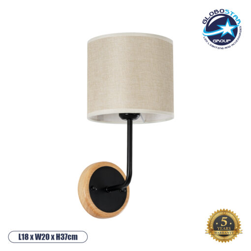 GloboStar® MANU 02043 Μοντέρνο Φωτιστικό Τοίχου – Απλίκα 1 x E27 AC 220-240V – Μ18 x Π20 x Υ37cm – Μαύρο Μεταλλικό με Μπεζ Ξύλινο Σώμα & Μπεζ Πλεκτό Καπέλο – 5 Χρόνια Εγγύηση