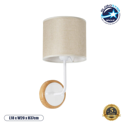 GloboStar® MANU 02044 Μοντέρνο Φωτιστικό Τοίχου – Απλίκα 1 x E27 AC 220-240V – Μ18 x Π20 x Υ37cm – Λευκό Μεταλλικό με Μπεζ Ξύλινο Σώμα & Μπεζ Πλεκτό Καπέλο – 5 Χρόνια Εγγύηση
