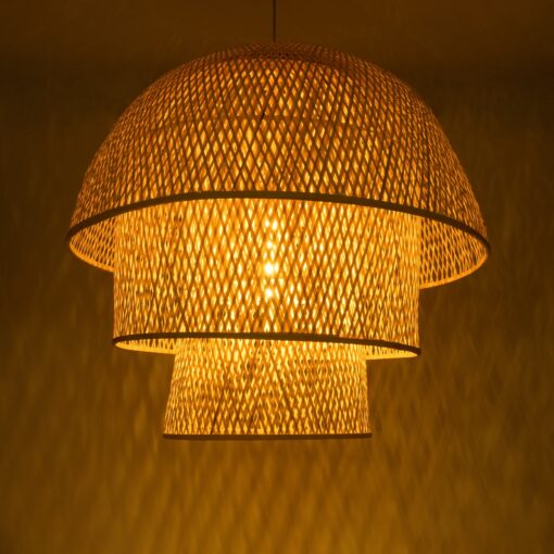 GloboStar® HIROKA 02046 Boho Κρεμαστό Φωτιστικό Οροφής Μονόφωτο 1 x E27 AC220-240V IP20 – Φ100 x Υ110cm – Μπεζ Ξύλινο Μπαμπού Πλέγμα Καμπάνα – 5 Χρόνια Εγγύηση