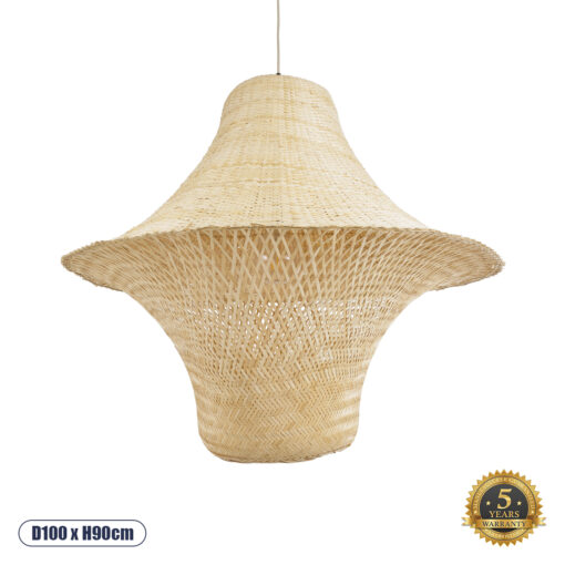 GloboStar® JUNIPER 02047 Boho Κρεμαστό Φωτιστικό Οροφής Μονόφωτο 1 x E27 AC220-240V IP20 – Φ100 x Υ90cm – Μπεζ Ξύλινο Μπαμπού Πλέγμα Καμπάνα – 5 Χρόνια Εγγύηση