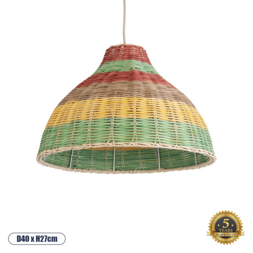 GloboStar® CABALLEROS 02053 Boho Κρεμαστό Φωτιστικό Οροφής Μονόφωτο 1 x E27 AC220-240V IP20 – Φ40 x Υ27cm – Πράσινο με Κίτρινο και Μπεζ με Κόκκινο Ξύλινο Μπαμπού Πλέγμα Καμπάνα – 5 Χρόνια Εγγύηση