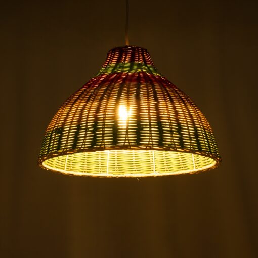 GloboStar® CABALLEROS 02053 Boho Κρεμαστό Φωτιστικό Οροφής Μονόφωτο 1 x E27 AC220-240V IP20 – Φ40 x Υ27cm – Πράσινο με Κίτρινο και Μπεζ με Κόκκινο Ξύλινο Μπαμπού Πλέγμα Καμπάνα – 5 Χρόνια Εγγύηση