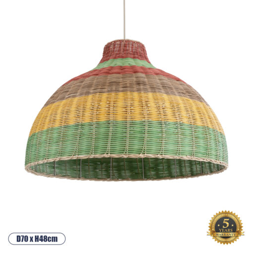 GloboStar® CABALLEROS 02054 Boho Κρεμαστό Φωτιστικό Οροφής Μονόφωτο 1 x E27 AC220-240V IP20 – Φ70 x Υ48cm – Πράσινο με Κίτρινο και Μπεζ με Κόκκινο Ξύλινο Μπαμπού Πλέγμα Καμπάνα – 5 Χρόνια Εγγύηση