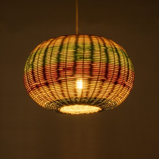 GloboStar® CABALLEROS 02055 Boho Κρεμαστό Φωτιστικό Οροφής Μονόφωτο 1 x E27 AC220-240V IP20 – Φ40 x Υ25cm – Πράσινο με Κίτρινο και Μπλε με Κόκκινο Ξύλινο Μπαμπού Πλέγμα – 5 Χρόνια Εγγύηση