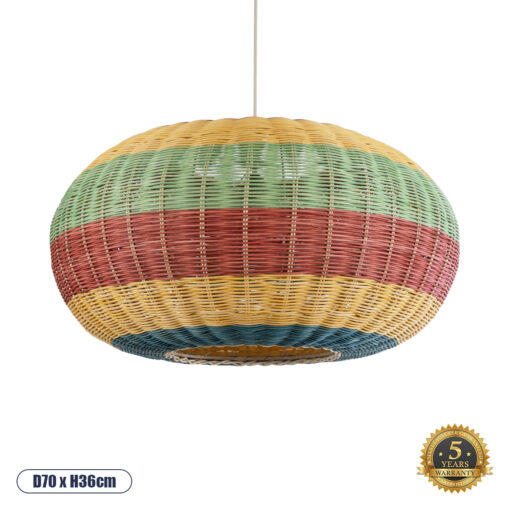 GloboStar® CABALLEROS 02056 Boho Κρεμαστό Φωτιστικό Οροφής Μονόφωτο 1 x E27 AC220-240V IP20 – Φ70 x Υ36cm – Πράσινο με Κίτρινο και Μπλε με Κόκκινο Ξύλινο Μπαμπού Πλέγμα – 5 Χρόνια Εγγύηση