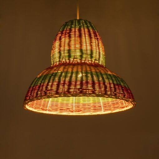 GloboStar® CABALLEROS 02057 Boho Κρεμαστό Φωτιστικό Οροφής Μονόφωτο 1 x E27 AC220-240V IP20 – Φ40 x Υ30cm – Πράσινο με Κίτρινο και Μπεζ με Κόκκινο Ξύλινο Μπαμπού Πλέγμα Καμπάνα – 5 Χρόνια Εγγύηση