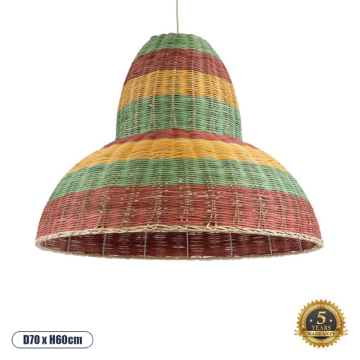 GloboStar® CABALLEROS 02058 Boho Κρεμαστό Φωτιστικό Οροφής Μονόφωτο 1 x E27 AC220-240V IP20 – Φ70 x Υ60cm – Πράσινο με Κίτρινο και Μπεζ με Κόκκινο Ξύλινο Μπαμπού Πλέγμα Καμπάνα – 5 Χρόνια Εγγύηση