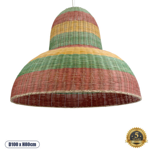 GloboStar® CABALLEROS 02059 Boho Κρεμαστό Φωτιστικό Οροφής Μονόφωτο 1 x E27 AC220-240V IP20 – Φ100 x Υ80cm – Πράσινο με Κίτρινο και Μπεζ με Κόκκινο Ξύλινο Μπαμπού Πλέγμα Καμπάνα – 5 Χρόνια Εγγύηση