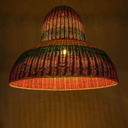 GloboStar® CABALLEROS 02059 Boho Κρεμαστό Φωτιστικό Οροφής Μονόφωτο 1 x E27 AC220-240V IP20 – Φ100 x Υ80cm – Πράσινο με Κίτρινο και Μπεζ με Κόκκινο Ξύλινο Μπαμπού Πλέγμα Καμπάνα – 5 Χρόνια Εγγύηση