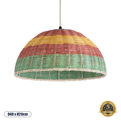 GloboStar® CABALLEROS 02060 Boho Κρεμαστό Φωτιστικό Οροφής Μονόφωτο 1 x E27 AC220-240V IP20 – Φ40 x Υ20cm – Πράσινο με Κίτρινο και Κόκκινο Ξύλινο Μπαμπού Πλέγμα Καμπάνα – 5 Χρόνια Εγγύηση