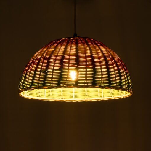 GloboStar® CABALLEROS 02060 Boho Κρεμαστό Φωτιστικό Οροφής Μονόφωτο 1 x E27 AC220-240V IP20 – Φ40 x Υ20cm – Πράσινο με Κίτρινο και Κόκκινο Ξύλινο Μπαμπού Πλέγμα Καμπάνα – 5 Χρόνια Εγγύηση