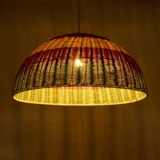 GloboStar® CABALLEROS 02061 Boho Κρεμαστό Φωτιστικό Οροφής Μονόφωτο 1 x E27 AC220-240V IP20 – Φ70 x Υ34cm – Πράσινο με Κίτρινο και Κόκκινο Ξύλινο Μπαμπού Πλέγμα Καμπάνα – 5 Χρόνια Εγγύηση