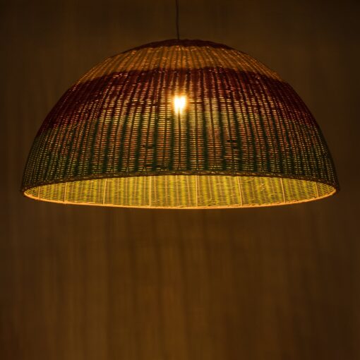 GloboStar® CABALLEROS 02062 Boho Κρεμαστό Φωτιστικό Οροφής Μονόφωτο 1 x E27 AC220-240V IP20 – Φ100 x Υ53cm – Πράσινο με Κίτρινο και Κόκκινο Ξύλινο Μπαμπού Πλέγμα Καμπάνα – 5 Χρόνια Εγγύηση