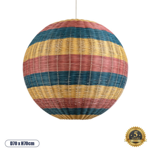 GloboStar® CABALLEROS 02063 Boho Κρεμαστό Φωτιστικό Οροφής Μονόφωτο 1 x E27 AC220-240V IP20 – Φ70 x Υ70cm – Μπλε με Κίτρινο και Κόκκινο Μπαμπού Πλέγμα Μπάλα – 5 Χρόνια Εγγύηση