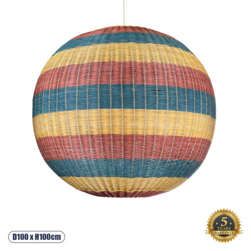 GloboStar® CABALLEROS 02064 Boho Κρεμαστό Φωτιστικό Οροφής Μονόφωτο 1 x E27 AC220-240V IP20 – Φ100 x Υ100cm – Μπλε με Κίτρινο και Κόκκινο Μπαμπού Πλέγμα Μπάλα – 5 Χρόνια Εγγύηση