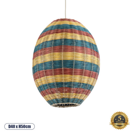 GloboStar® CABALLEROS 02065 Boho Κρεμαστό Φωτιστικό Οροφής Μονόφωτο 1 x E27 AC220-240V IP20 – Φ40 x Υ50cm – Πράσινο με Κίτρινο και Μπλε με Κόκκινο Ξύλινο Μπαμπού Πλέγμα – 5 Χρόνια Εγγύηση