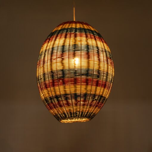 GloboStar® CABALLEROS 02065 Boho Κρεμαστό Φωτιστικό Οροφής Μονόφωτο 1 x E27 AC220-240V IP20 – Φ40 x Υ50cm – Πράσινο με Κίτρινο και Μπλε με Κόκκινο Ξύλινο Μπαμπού Πλέγμα – 5 Χρόνια Εγγύηση