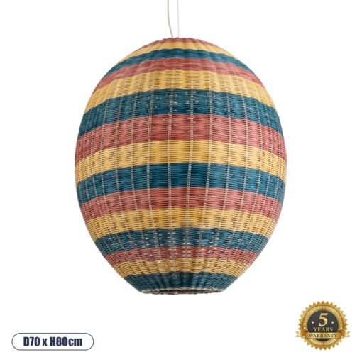GloboStar® CABALLEROS 02066 Boho Κρεμαστό Φωτιστικό Οροφής Μονόφωτο 1 x E27 AC220-240V IP20 – Φ70 x Υ80cm – Πράσινο με Κίτρινο και Μπλε με Κόκκινο Ξύλινο Μπαμπού Πλέγμα – 5 Χρόνια Εγγύηση