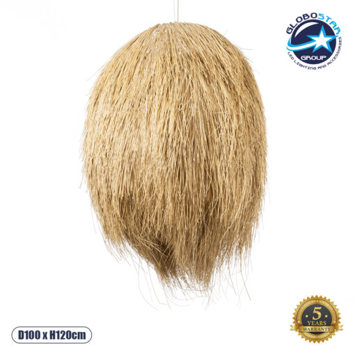 GloboStar® ARCHIPELAGO 02067 Boho Κρεμαστό Φωτιστικό Οροφής Μονόφωτο 1 x E27 AC220-240V IP20 – Φ100 x Υ120cm – Μπεζ Ξύλινο Πλέγμα – 5 Χρόνια Εγγύηση