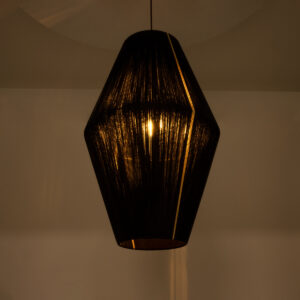 GloboStar® SALERNO 02078 Boho Κρεμαστό Φωτιστικό Οροφής Μονόφωτο 1 x E27 AC220-240V IP20 – Φ50 x Υ80cm – Μαύρο με Μπεζ Λεπτό Νήμα Βαμβακερό Πλέγμα Καμπάνα – 5 Χρόνια Εγγύηση