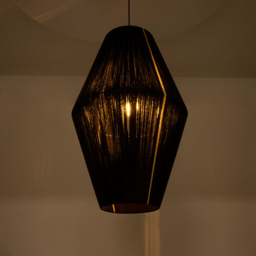 GloboStar® SALERNO 02078 Boho Κρεμαστό Φωτιστικό Οροφής Μονόφωτο 1 x E27 AC220-240V IP20 – Φ50 x Υ80cm – Μαύρο με Μπεζ Λεπτό Νήμα Βαμβακερό Πλέγμα Καμπάνα – 5 Χρόνια Εγγύηση