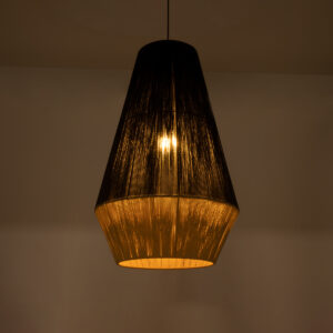 GloboStar® SALERNO 02080 Boho Κρεμαστό Φωτιστικό Οροφής Μονόφωτο 1 x E27 AC220-240V IP20 – Φ50 x Υ80cm – Μαύρο με Μπεζ Λεπτό Νήμα Βαμβακερό Πλέγμα Καμπάνα – 5 Χρόνια Εγγύηση