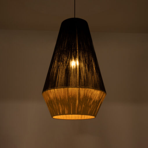 GloboStar® SALERNO 02080 Boho Κρεμαστό Φωτιστικό Οροφής Μονόφωτο 1 x E27 AC220-240V IP20 – Φ50 x Υ80cm – Μαύρο με Μπεζ Λεπτό Νήμα Βαμβακερό Πλέγμα Καμπάνα – 5 Χρόνια Εγγύηση