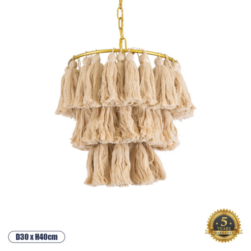 GloboStar® MISSOULA 02084 Boho Κρεμαστό Φωτιστικό Οροφής Μονόφωτο 1 x E27 AC220-240V IP20 – Φ30 x Υ40cm – Μπεζ Λεπτό Νήμα Βαμβακερό και Χρυσό Μεταλλικό Πλέγμα – 5 Χρόνια Εγγύηση