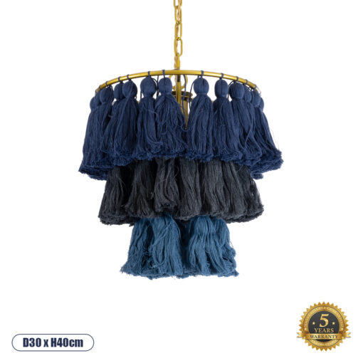 GloboStar® MISSOULA 02085 Boho Κρεμαστό Φωτιστικό Οροφής Μονόφωτο 1 x E27 AC220-240V IP20 – Φ30 x Υ40cm – Μπλε Σκούρο με Μαύρο και Μπλε Λεπτό Νήμα Βαμβακερό και Χρυσό Μεταλλικό Πλέγμα – 5 Χρόνια Εγγύηση