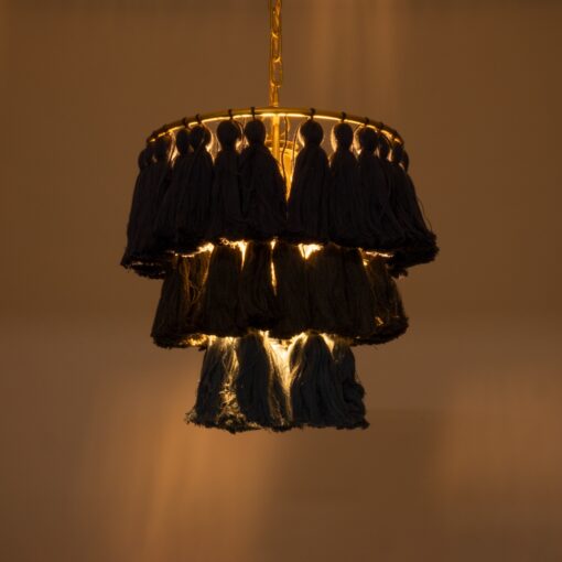 GloboStar® MISSOULA 02085 Boho Κρεμαστό Φωτιστικό Οροφής Μονόφωτο 1 x E27 AC220-240V IP20 – Φ30 x Υ40cm – Μπλε Σκούρο με Μαύρο και Μπλε Λεπτό Νήμα Βαμβακερό και Χρυσό Μεταλλικό Πλέγμα – 5 Χρόνια Εγγύηση