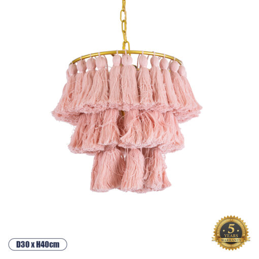 GloboStar® MISSOULA 02086 Boho Κρεμαστό Φωτιστικό Οροφής Μονόφωτο 1 x E27 AC220-240V IP20 – Φ30 x Υ40cm – Ροζ Λεπτό Νήμα Βαμβακερό και Χρυσό Μεταλλικό Πλέγμα – 5 Χρόνια Εγγύηση