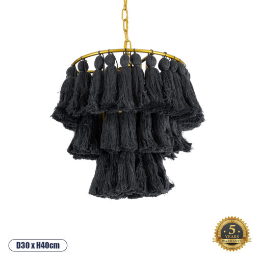 GloboStar® MISSOULA 02087 Boho Κρεμαστό Φωτιστικό Οροφής Μονόφωτο 1 x E27 AC220-240V IP20 – Φ30 x Υ40cm – Μαύρο Λεπτό Νήμα Βαμβακερό και Χρυσό Μεταλλικό Πλέγμα – 5 Χρόνια Εγγύηση