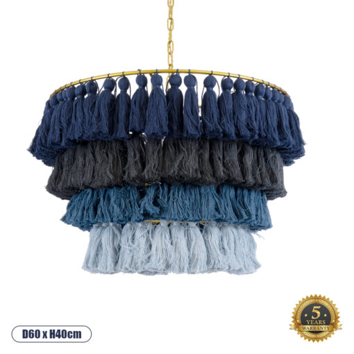 GloboStar® MISSOULA 02089 Boho Κρεμαστό Φωτιστικό Οροφής Μονόφωτο 1 x E27 AC220-240V IP20 – Φ60 x Υ40cm – Μπλε Σκούρο με Μαύρο και Μπλε με Μπλε Ανοιχτό Λεπτό Νήμα Βαμβακερό και Χρυσό Μεταλλικό Πλέγμα – 5 Χρόνια Εγγύηση