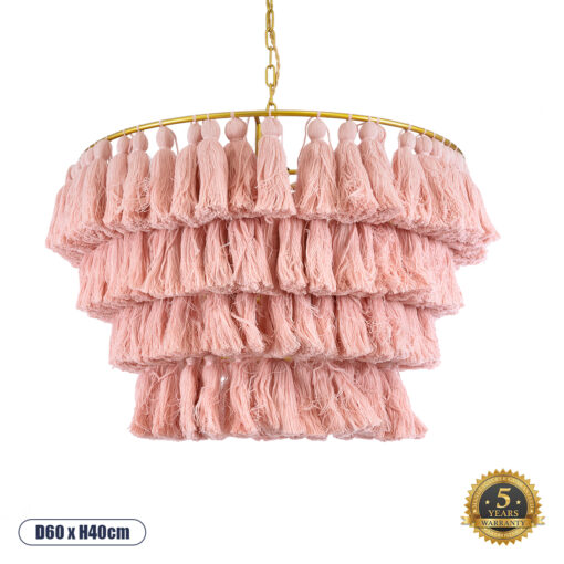 GloboStar® MISSOULA 02090 Boho Κρεμαστό Φωτιστικό Οροφής Μονόφωτο 1 x E27 AC220-240V IP20 – Φ60 x Υ40cm – Ροζ Λεπτό Νήμα Βαμβακερό και Χρυσό Μεταλλικό Πλέγμα – 5 Χρόνια Εγγύηση