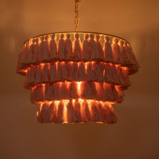 GloboStar® MISSOULA 02090 Boho Κρεμαστό Φωτιστικό Οροφής Μονόφωτο 1 x E27 AC220-240V IP20 – Φ60 x Υ40cm – Ροζ Λεπτό Νήμα Βαμβακερό και Χρυσό Μεταλλικό Πλέγμα – 5 Χρόνια Εγγύηση