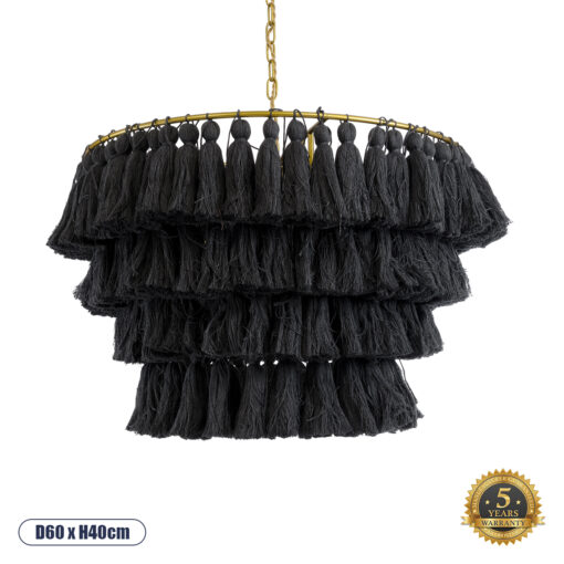 GloboStar® MISSOULA 02091 Boho Κρεμαστό Φωτιστικό Οροφής Μονόφωτο 1 x E27 AC220-240V IP20 – Φ60 x Υ40cm – Μαύρο Λεπτό Νήμα Βαμβακερό και Χρυσό Μεταλλικό Πλέγμα – 5 Χρόνια Εγγύηση