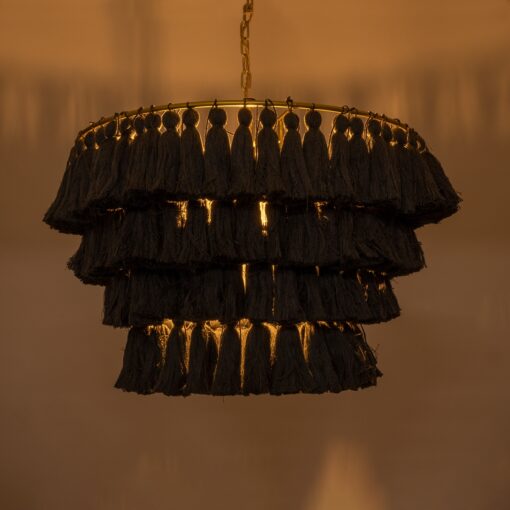 GloboStar® MISSOULA 02091 Boho Κρεμαστό Φωτιστικό Οροφής Μονόφωτο 1 x E27 AC220-240V IP20 – Φ60 x Υ40cm – Μαύρο Λεπτό Νήμα Βαμβακερό και Χρυσό Μεταλλικό Πλέγμα – 5 Χρόνια Εγγύηση