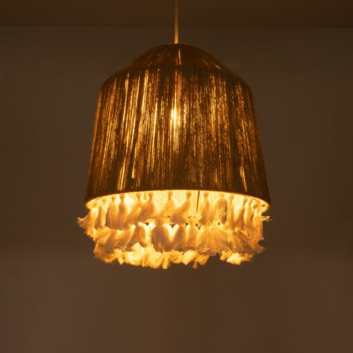 GloboStar® PUERTORICO 02092 Boho Κρεμαστό Φωτιστικό Οροφής Μονόφωτο 1 x E27 AC220-240V IP20 – Φ40 x Υ45cm – Μπεζ με Λευκό Λεπτό Νήμα Βαμβακερό Πλέγμα Καμπάνα – 5 Χρόνια Εγγύηση