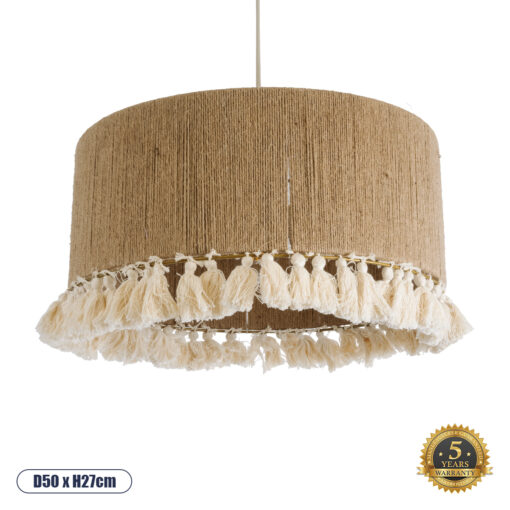 GloboStar® PUERTORICO 02094 Boho Κρεμαστό Φωτιστικό Οροφής Τρίφωτο 3 x E27 AC220-240V IP20 – Φ50 x Υ27cm – Μπεζ με Λευκό Λεπτό Νήμα Πλέγμα Βαμβακερό Καπέλο – 5 Χρόνια Εγγύηση