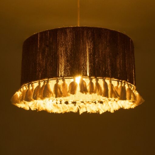 GloboStar® PUERTORICO 02094 Boho Κρεμαστό Φωτιστικό Οροφής Τρίφωτο 3 x E27 AC220-240V IP20 – Φ50 x Υ27cm – Μπεζ με Λευκό Λεπτό Νήμα Πλέγμα Βαμβακερό Καπέλο – 5 Χρόνια Εγγύηση