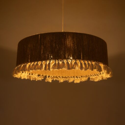 GloboStar® PUERTORICO 02095 Boho Κρεμαστό Φωτιστικό Οροφής Τριφωτο 3 x E27 AC220-240V IP20 – Φ80 x Υ27cm – Μπεζ με Λευκό Λεπτό Νήμα Πλέγμα Βαμβακερό Καπέλο – 5 Χρόνια Εγγύηση