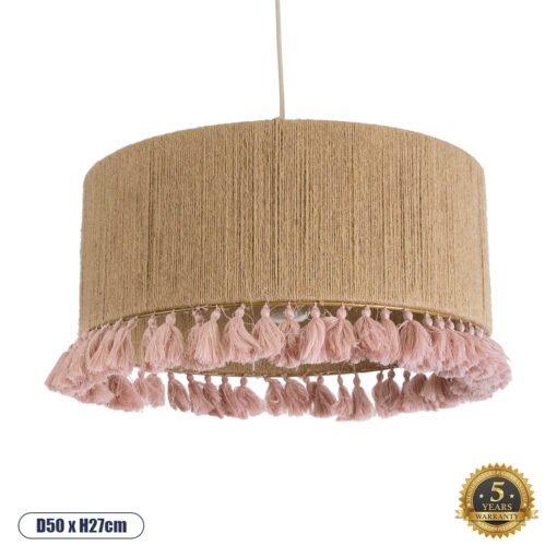 GloboStar® PUERTORICO 02096 Boho Κρεμαστό Φωτιστικό Οροφής Τρίφωτο 3 x E27 AC220-240V IP20 – Φ50 x Υ27cm – Μπεζ με Ροζ Λεπτό Νήμα Πλέγμα Βαμβακερό Καπέλο – 5 Χρόνια Εγγύηση