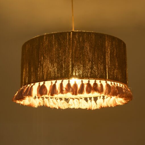 GloboStar® PUERTORICO 02096 Boho Κρεμαστό Φωτιστικό Οροφής Τρίφωτο 3 x E27 AC220-240V IP20 – Φ50 x Υ27cm – Μπεζ με Ροζ Λεπτό Νήμα Πλέγμα Βαμβακερό Καπέλο – 5 Χρόνια Εγγύηση