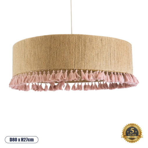 GloboStar® PUERTORICO 02097 Boho Κρεμαστό Φωτιστικό Οροφής Τρίφωτο 3 x E27 AC220-240V IP20 – Φ80 x Υ27cm – Μπεζ με Ροζ Λεπτό Νήμα Πλέγμα Βαμβακερό Καπέλο – 5 Χρόνια Εγγύηση