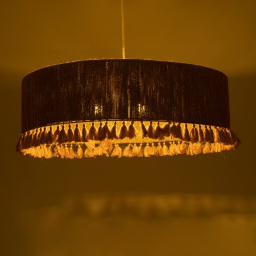 GloboStar® PUERTORICO 02097 Boho Κρεμαστό Φωτιστικό Οροφής Τρίφωτο 3 x E27 AC220-240V IP20 – Φ80 x Υ27cm – Μπεζ με Ροζ Λεπτό Νήμα Πλέγμα Βαμβακερό Καπέλο – 5 Χρόνια Εγγύηση