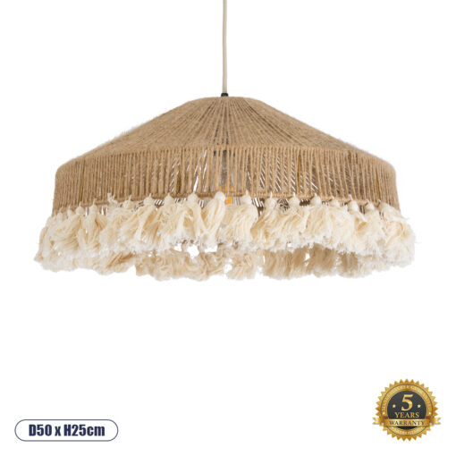 GloboStar® PUERTORICO 02098 Boho Κρεμαστό Φωτιστικό Οροφής Μονόφωτο 1 x E27 AC220-240V IP20 – Φ50 x Υ25cm – Μπεζ με Λευκό Λεπτό Νήμα Πλέγμα Βαμβακερό Καπέλο – 5 Χρόνια Εγγύηση