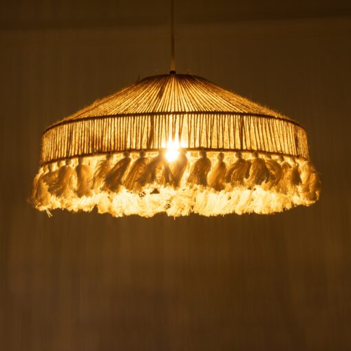 GloboStar® PUERTORICO 02098 Boho Κρεμαστό Φωτιστικό Οροφής Μονόφωτο 1 x E27 AC220-240V IP20 – Φ50 x Υ25cm – Μπεζ με Λευκό Λεπτό Νήμα Πλέγμα Βαμβακερό Καπέλο – 5 Χρόνια Εγγύηση