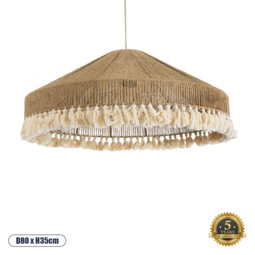 GloboStar® PUERTORICO 02099 Boho Κρεμαστό Φωτιστικό Οροφής Τριφωτο 3 x E27 AC220-240V IP20 – Φ80 x Υ35cm – Μπεζ με Λευκό Λεπτό Νήμα Πλέγμα Βαμβακερό Καπέλο – 5 Χρόνια Εγγύηση