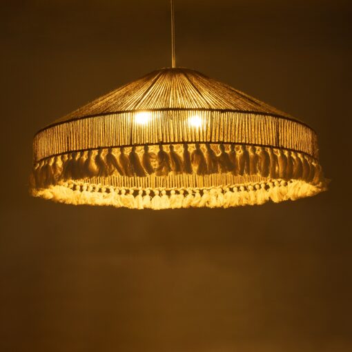 GloboStar® PUERTORICO 02099 Boho Κρεμαστό Φωτιστικό Οροφής Τριφωτο 3 x E27 AC220-240V IP20 – Φ80 x Υ35cm – Μπεζ με Λευκό Λεπτό Νήμα Πλέγμα Βαμβακερό Καπέλο – 5 Χρόνια Εγγύηση