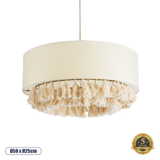 GloboStar® GINGER 02100 Boho Κρεμαστό Φωτιστικό Οροφής Μονόφωτο 1 x E27 AC220-240V IP20 – Φ50 x Υ25cm – Μπεζ Υφασμάτινο με Μπεζ Λεπτό Νήμα Πλέγμα Βαμβακερό Καπέλο – 5 Χρόνια Εγγύηση